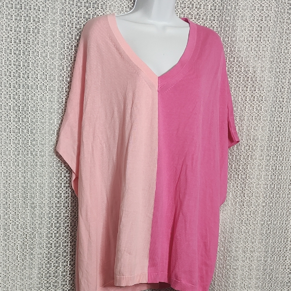 Pink Colorblock V-Neck Blouse - Picture 2 of 11
